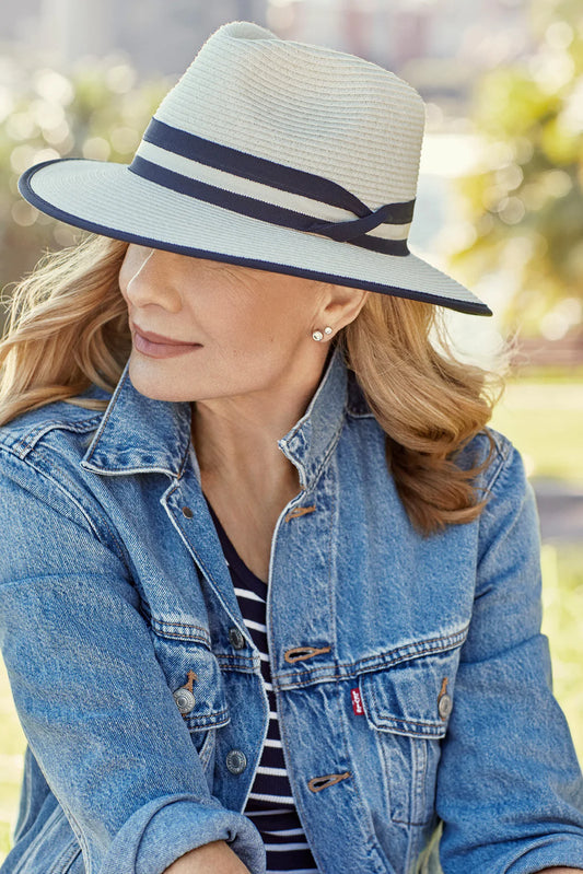 DEBORAH HUTTON CANOPY BAY Windsor Ivory/Navy Fedora Hat. Handmade in Australia