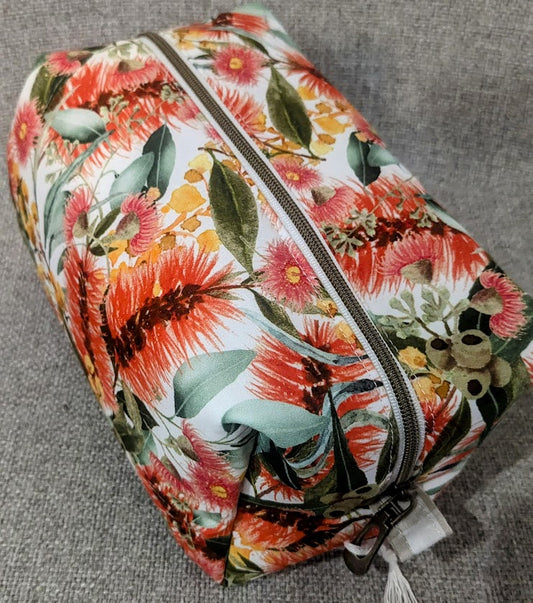 Bright Bottlebrush Large Boxy Makeup Bag. Fully lined. Handmade in Australia.