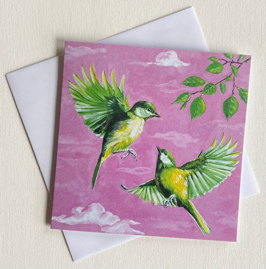 Green Birds in a Pink Sky Premium Greeting Card