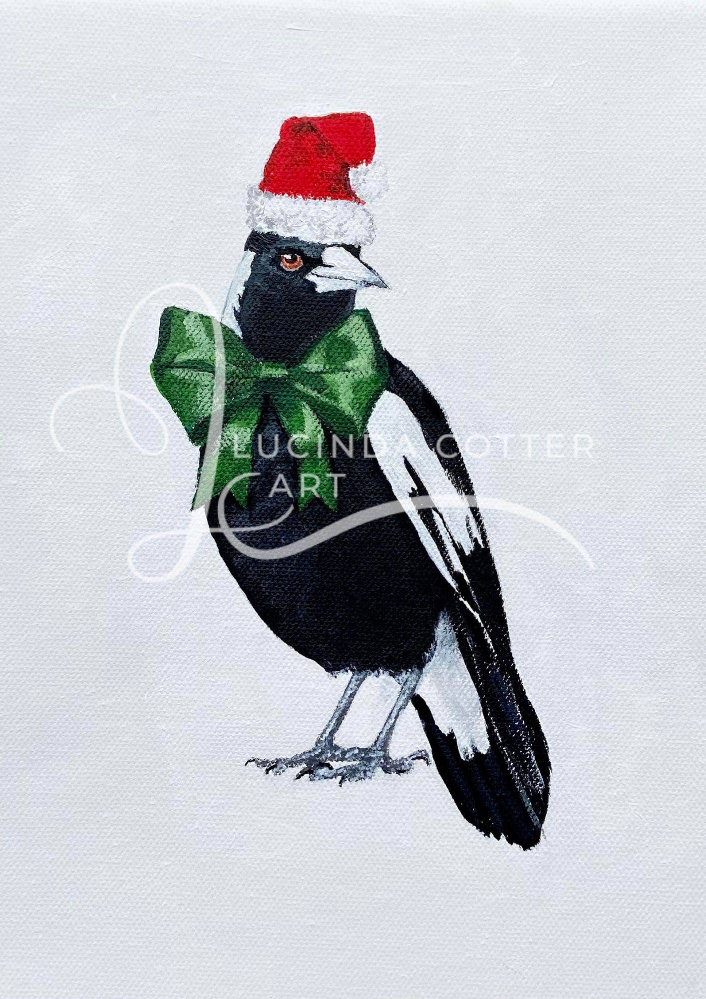 Christmas Magpie with Green Bow Greeting Card