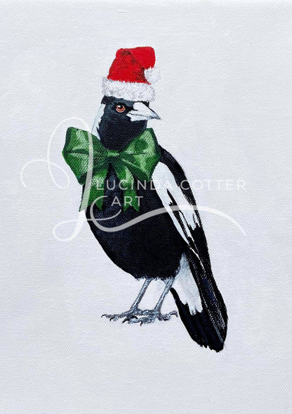 Christmas Magpie with Green Bow Greeting Card