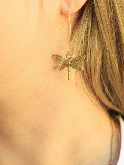 Gold Dragonfly Earrings on Long Earwires