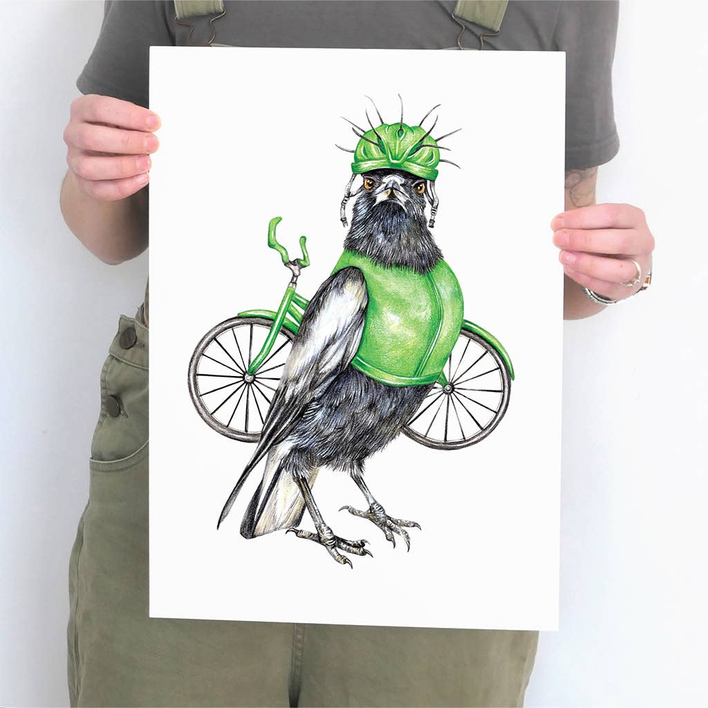 Clive the Cyclist Magpie Art Print