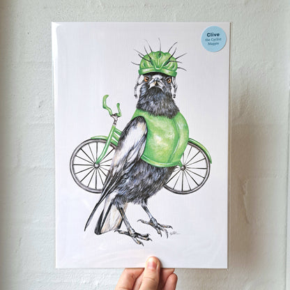 Clive the Cyclist Magpie Art Print