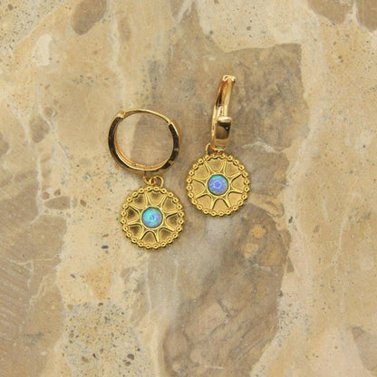 Gold Opal Sun Huggie Earrings