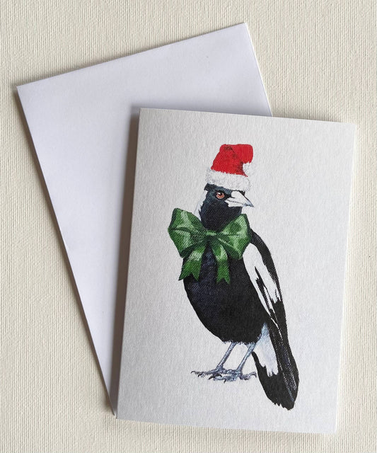 Christmas Magpie with Green Bow Greeting Card