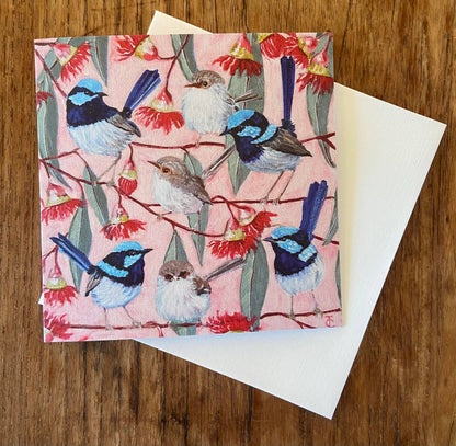 Fairy Wrens among Red Gum Blossoms Premium Greeting Card