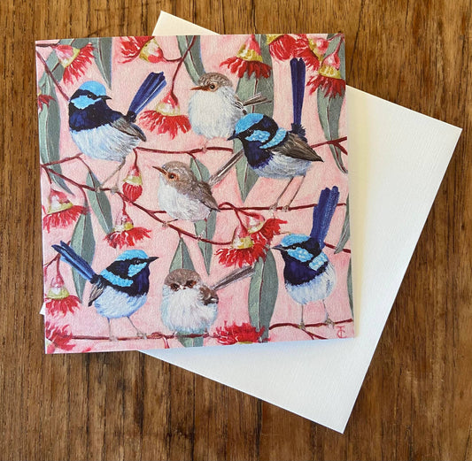 Fairy Wrens among Red Gum Blossoms Premium Greeting Card