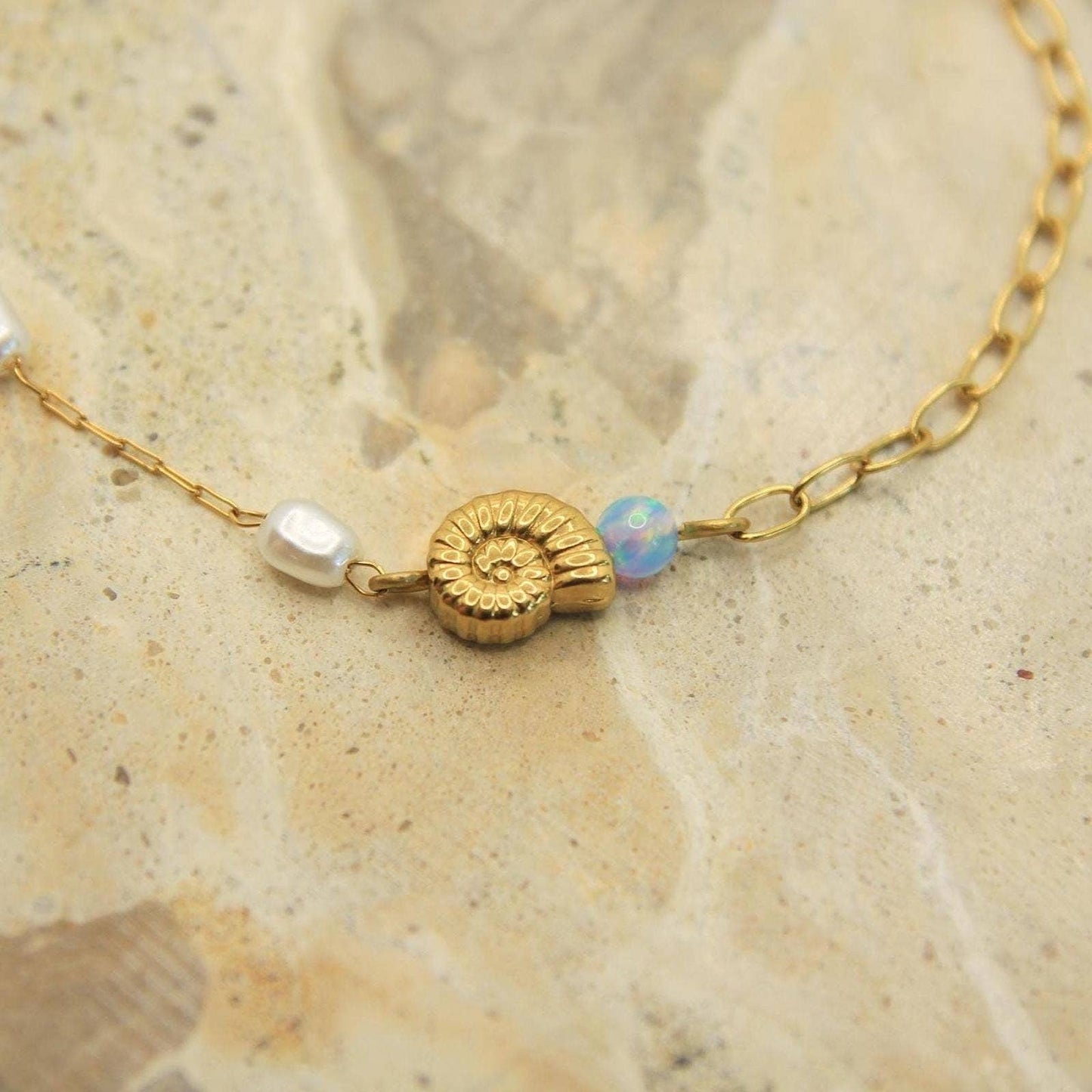 Opal Pearl Shell Bracelet Gold • Nautilus Charm • Stainless Steel • Coastal Dainty Bracelet