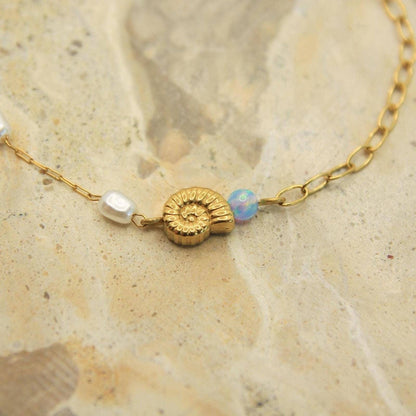 Opal Pearl Shell Bracelet Gold • Nautilus Charm • Stainless Steel • Coastal Dainty Bracelet