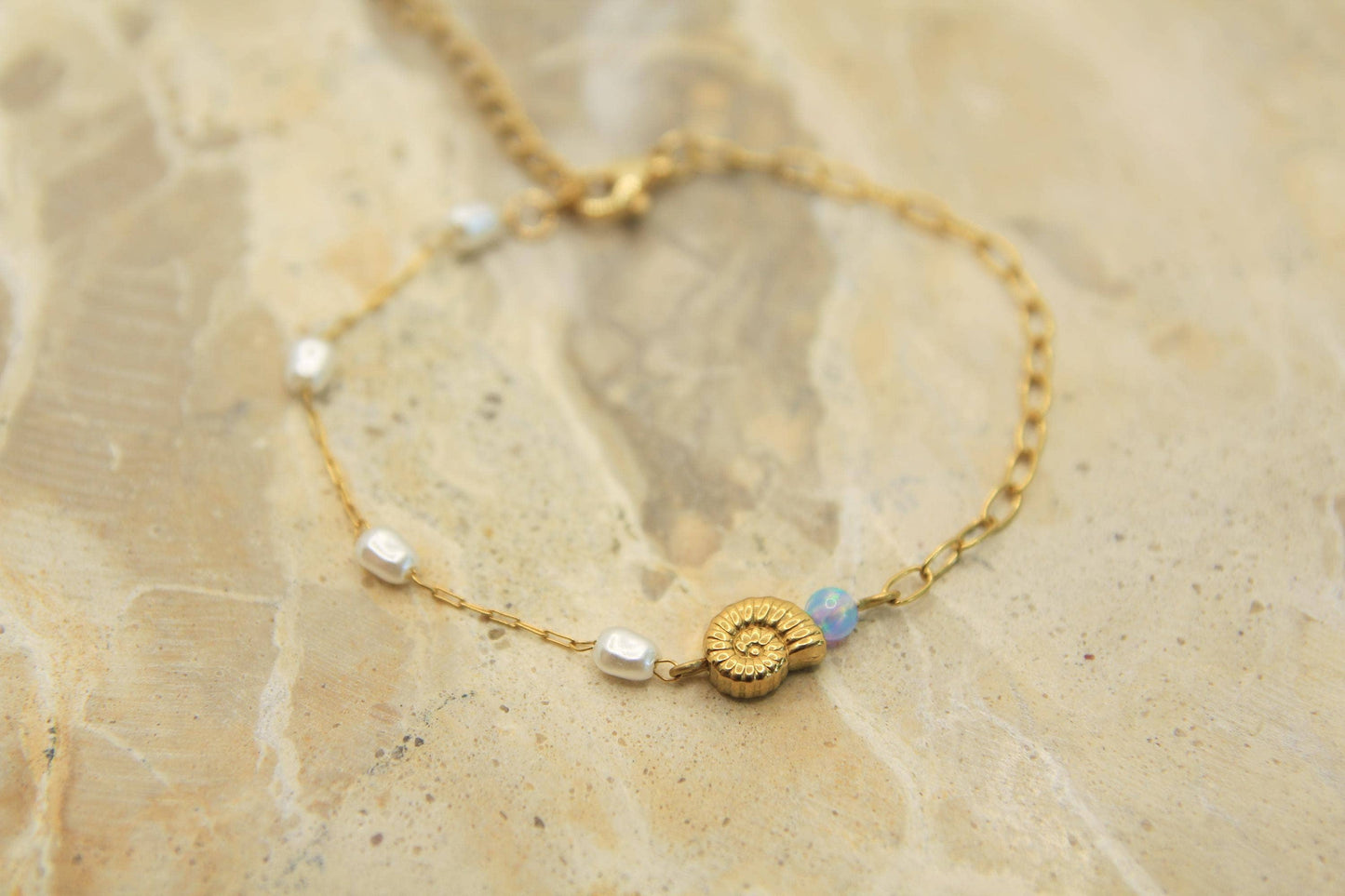 Opal Pearl Shell Bracelet Gold • Nautilus Charm • Stainless Steel • Coastal Dainty Bracelet