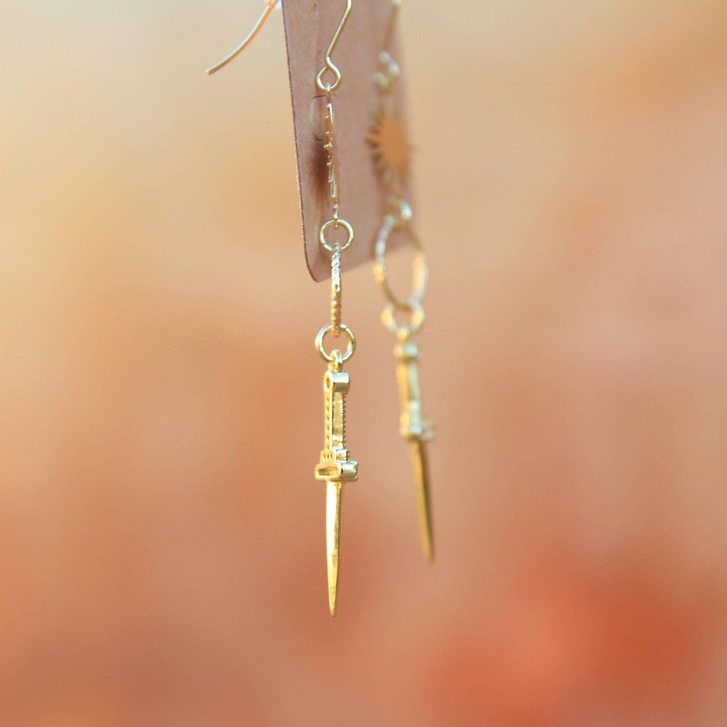 Gold Sun Dagger Knife Earrings
