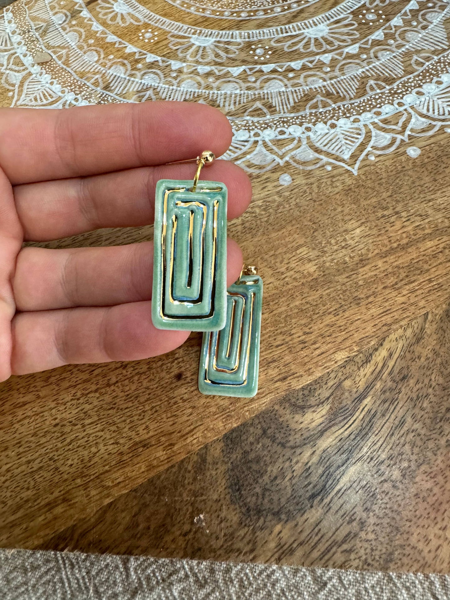 Ceramic Earrings - Rectangle with Gold