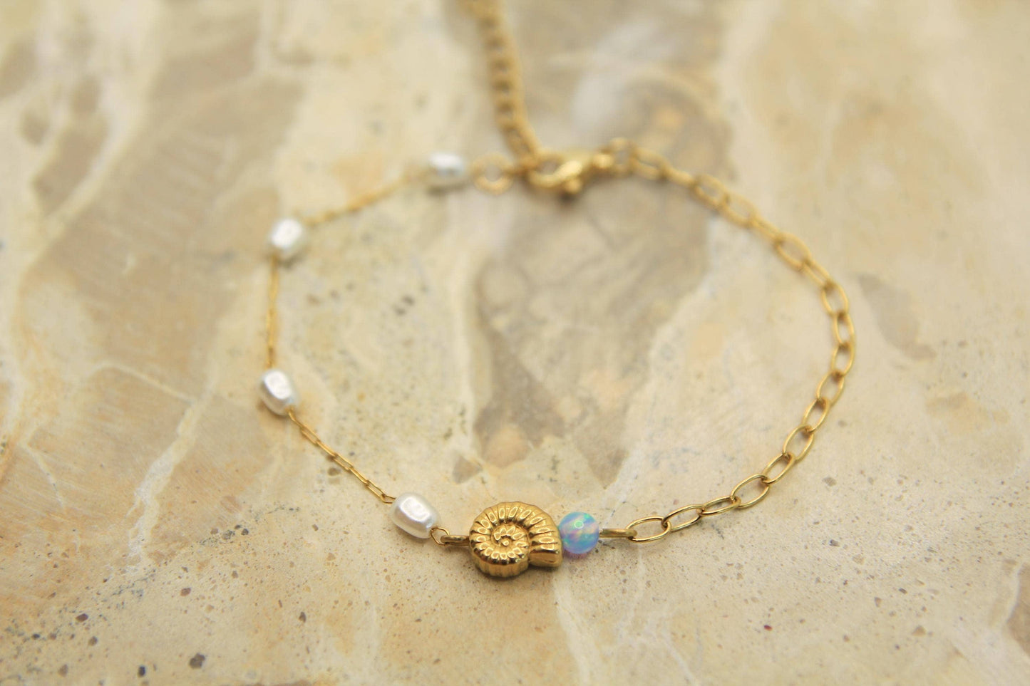 Opal Pearl Shell Bracelet Gold • Nautilus Charm • Stainless Steel • Coastal Dainty Bracelet