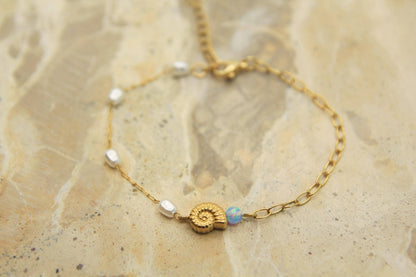 Opal Pearl Shell Bracelet Gold • Nautilus Charm • Stainless Steel • Coastal Dainty Bracelet