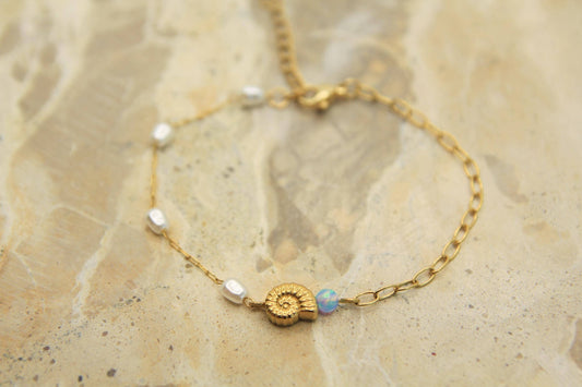 Opal Pearl Shell Bracelet Gold • Nautilus Charm • Stainless Steel • Coastal Dainty Bracelet