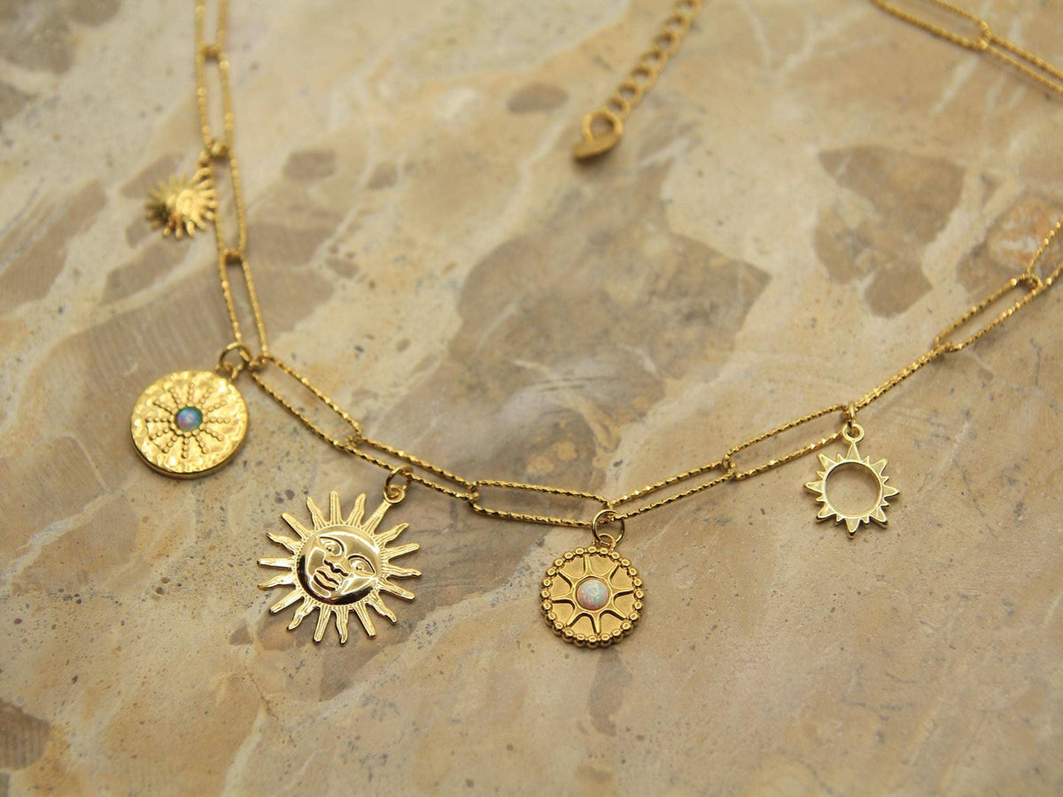 Gold Multi Charm Sun Necklace | Soleil Necklace