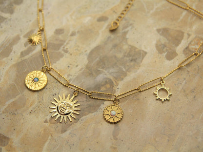 Gold Multi Charm Sun Necklace | Soleil Necklace