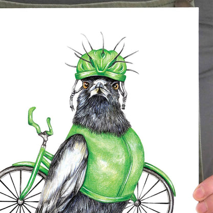 Clive the Cyclist Magpie Art Print