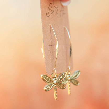 Gold Dragonfly Earrings on Long Earwires