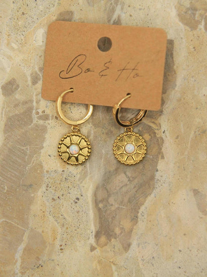 Gold Opal Sun Huggie Earrings