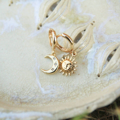 Asymmetrical Gold Sun Moon Earrings