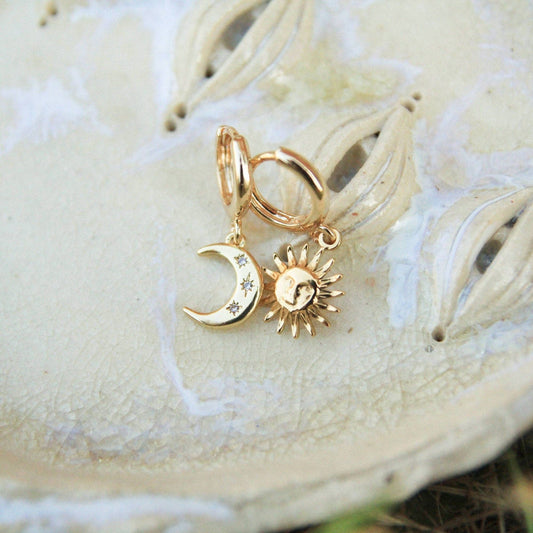 Asymmetrical Gold Sun Moon Earrings