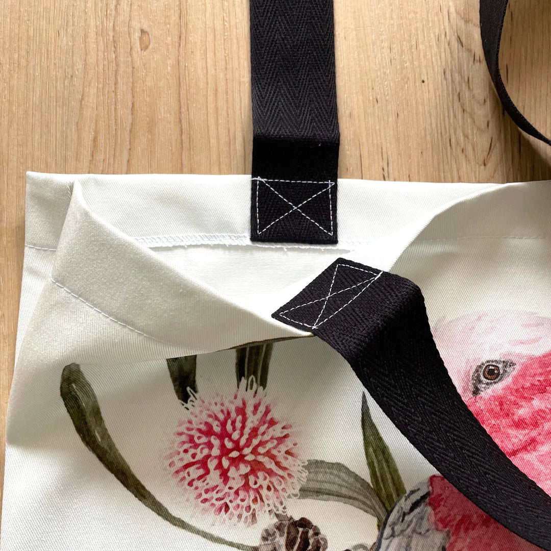 Australian Galah Tote Bag with black handles. Handmade in Australia