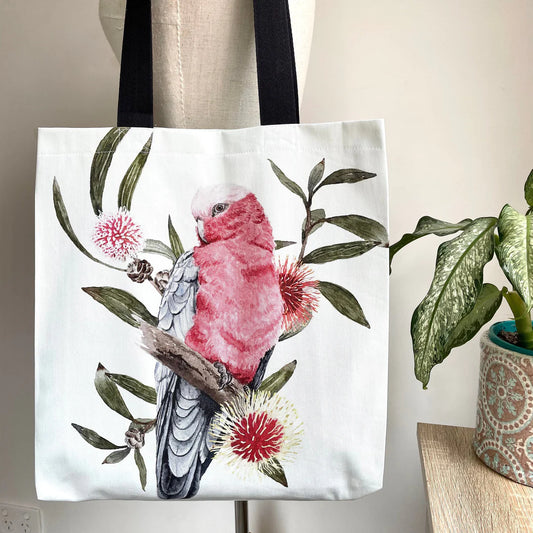 Australian Galah Tote Bag with black handles. Handmade in Australia