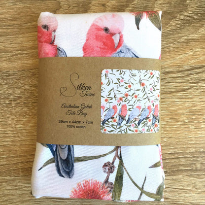Australian Small Galahs Tote Bag with black handles. Handmade in Australia