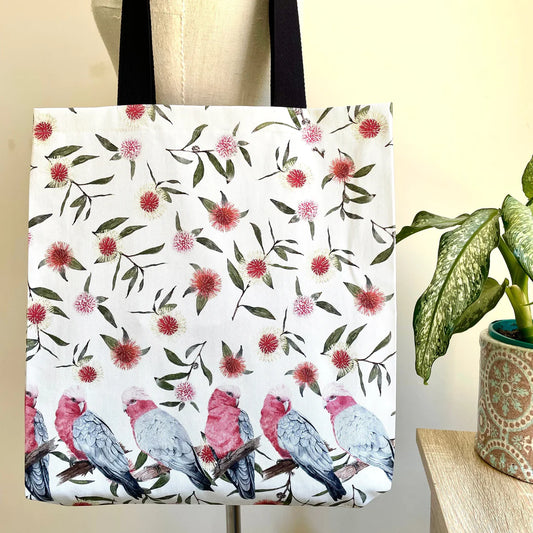Australian Small Galahs Tote Bag with black handles. Handmade in Australia