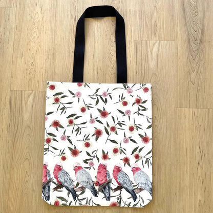 Australian Small Galahs Tote Bag with black handles. Handmade in Australia