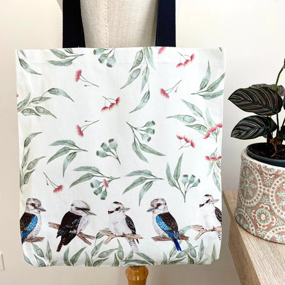 Australian Five Kookaburras Tote Bag with black handles. Handmade in Australia