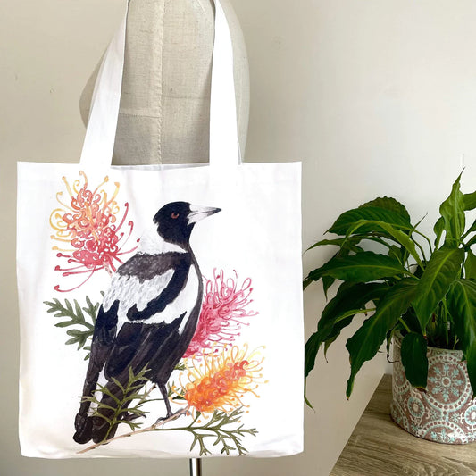 Australian Magpie and Grevillea Tote Bag with black handles. Handmade in Australia
