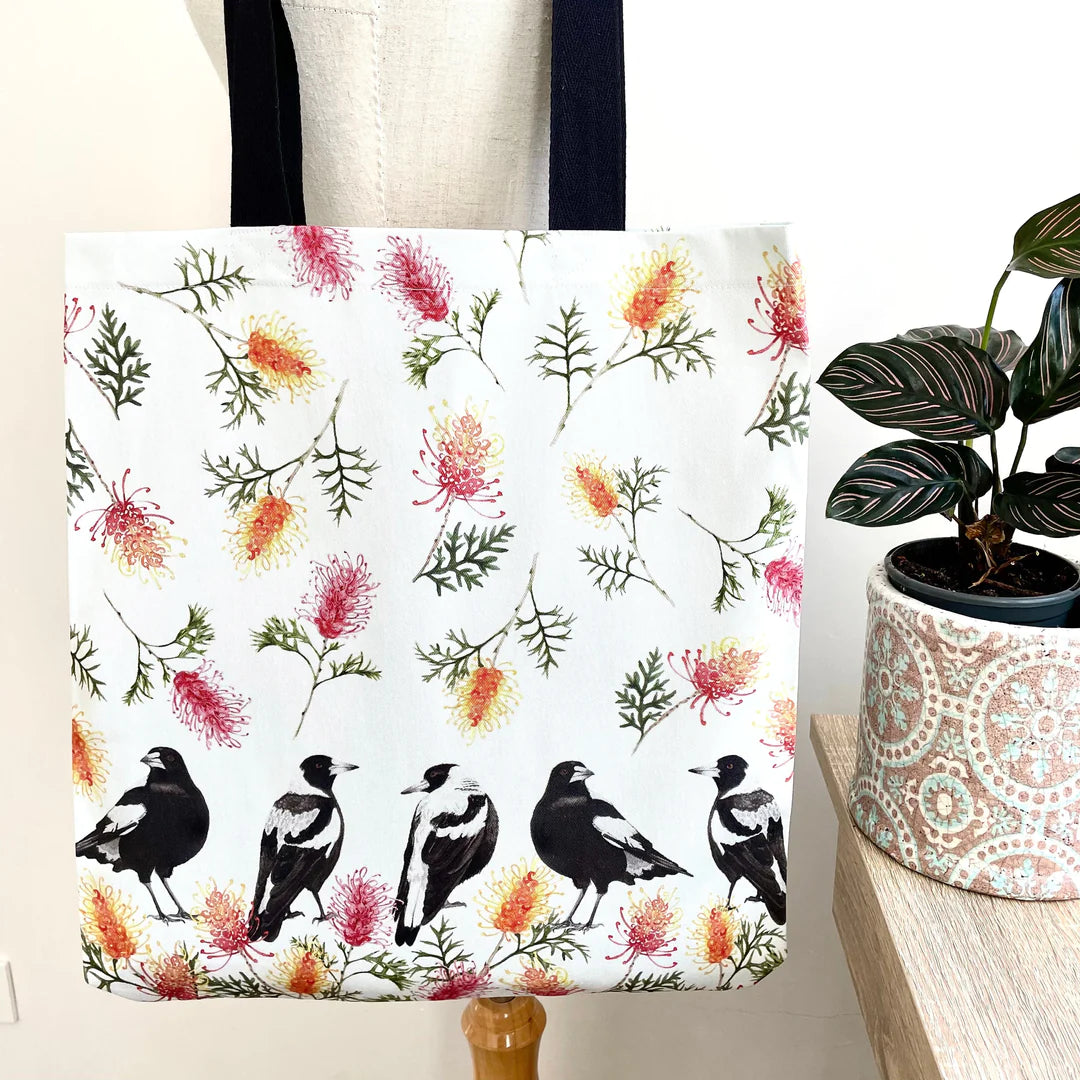 Australian Small Magpies and Grevillea Tote Bag with black handles. Handmade in Australia