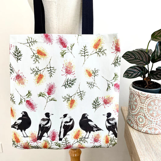 Australian Small Magpies and Grevillea Tote Bag with black handles. Handmade in Australia
