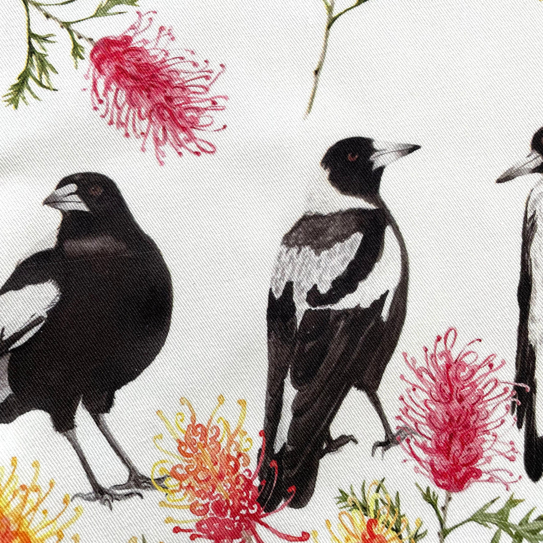 Australian Small Magpies and Grevillea Tote Bag with black handles. Handmade in Australia