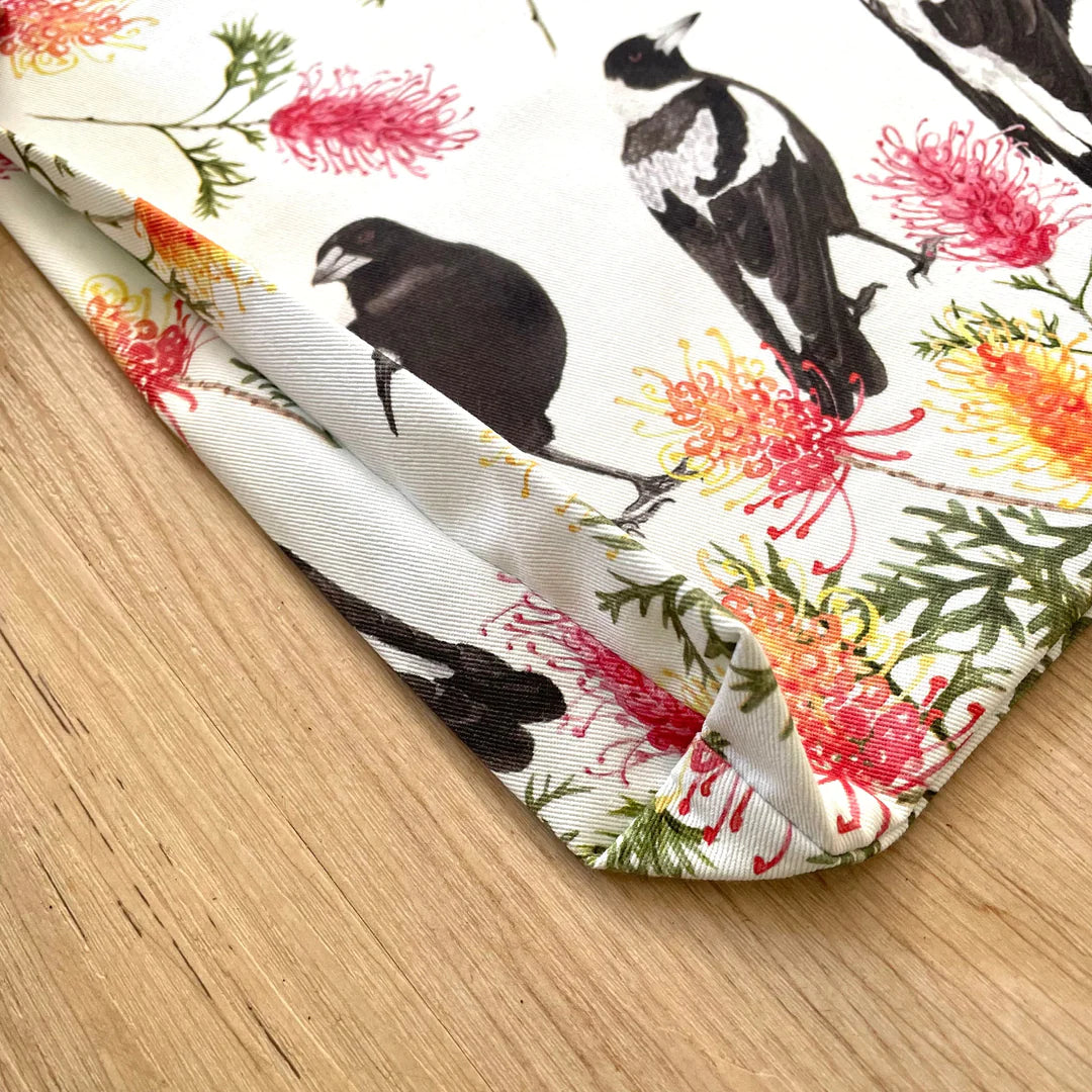 Australian Small Magpies and Grevillea Tote Bag with black handles. Handmade in Australia