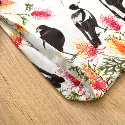 Australian Small Magpies and Grevillea Tote Bag with black handles. Handmade in Australia