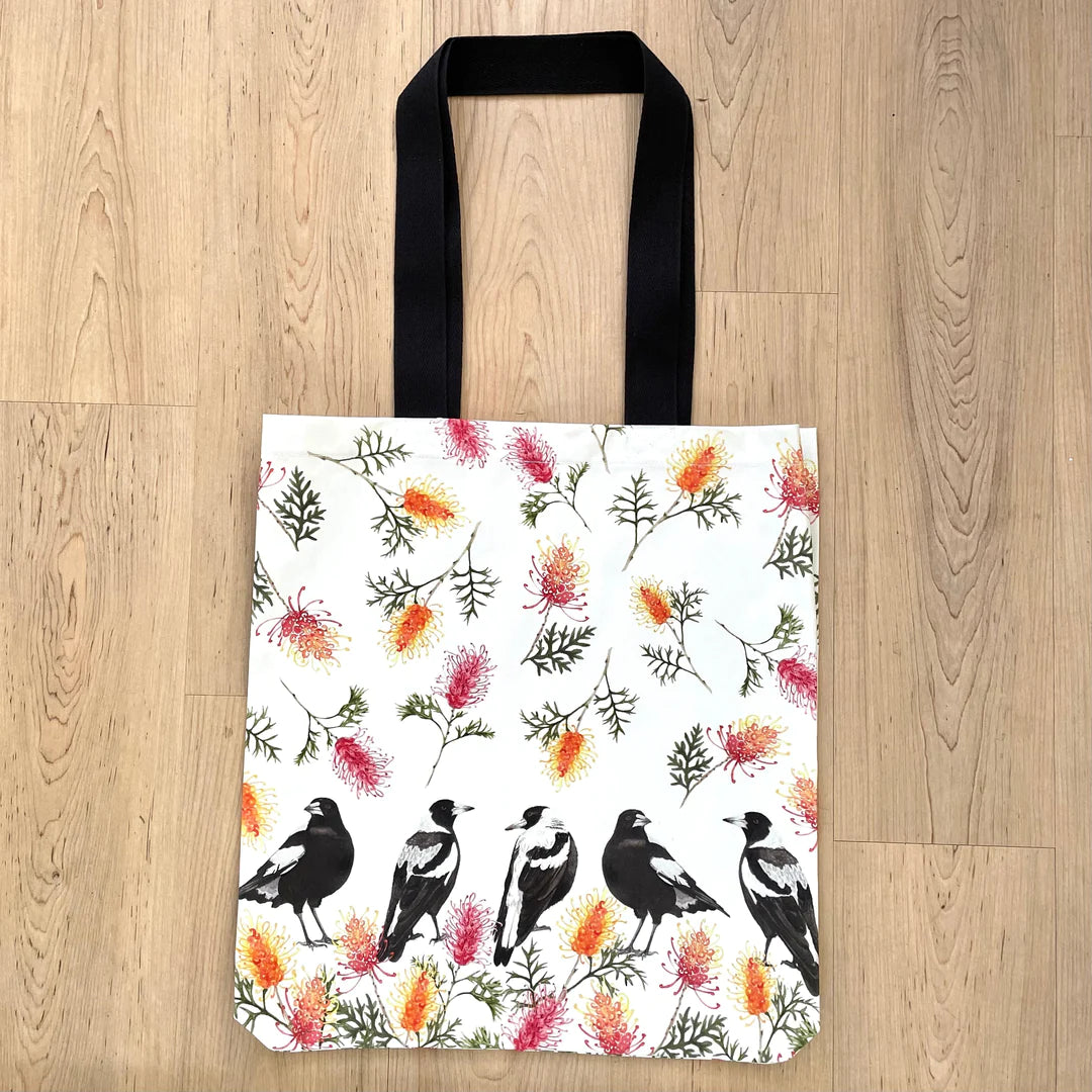 Australian Small Magpies and Grevillea Tote Bag with black handles. Handmade in Australia