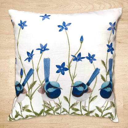 Australian Suberb Wren Cushion Cover Blue Wren. Handmade in Australia.