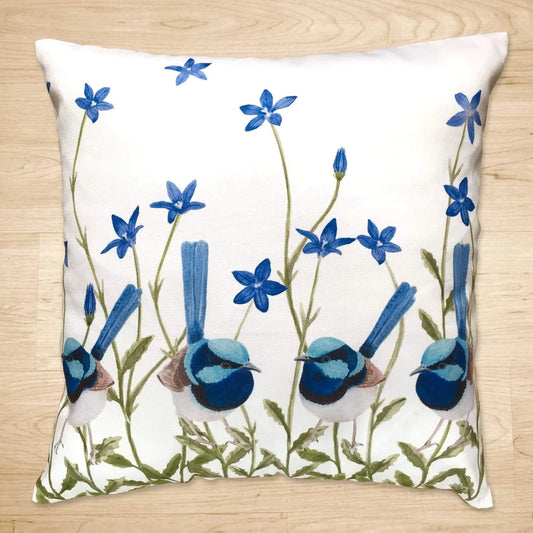 Australian Suberb Wren Cushion Cover Blue Wren. Handmade in Australia.
