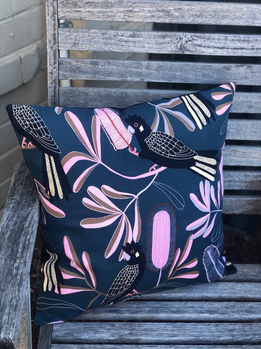 Cushion Cover Square Black Cockatoo 45cm X45cm. Handmade in Australia.