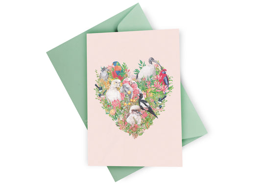 Australian Birds (Heart) Greeting Card. Handmade in Australia.